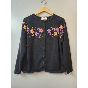 Vintage TIARA Floral Embroidered Cardigan Sz Medium Covered Buttons Sweater